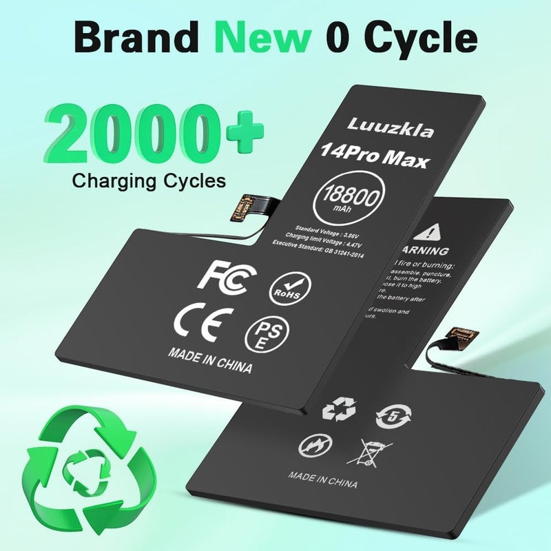 Luuzkla بطارية بسعة 18800mAh (ترقية جديدة 2025) متوافقة مع آيفون 14 برو ماكس، بطارية بسعة فائقة متوافقة مع آيفون 14 برو ماكس، مع مجموعة أدوات كاملة - سعة عالية 0 دورة - خدمة لمدة 24 شهرًا - Image 5